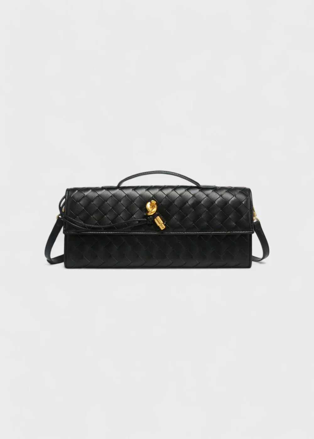 ADELINE petit sac à main en cuir tréssé noir de luxe avec boucle élégante or