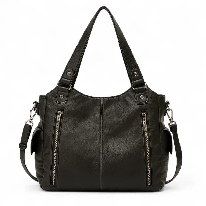 Sac Alba XL, grand sac à main noir cuir vegan spacieux et élégant, format 40 x 15 x 35 cm, parfait pour ordinateur portable 16 pouces et documents A4.