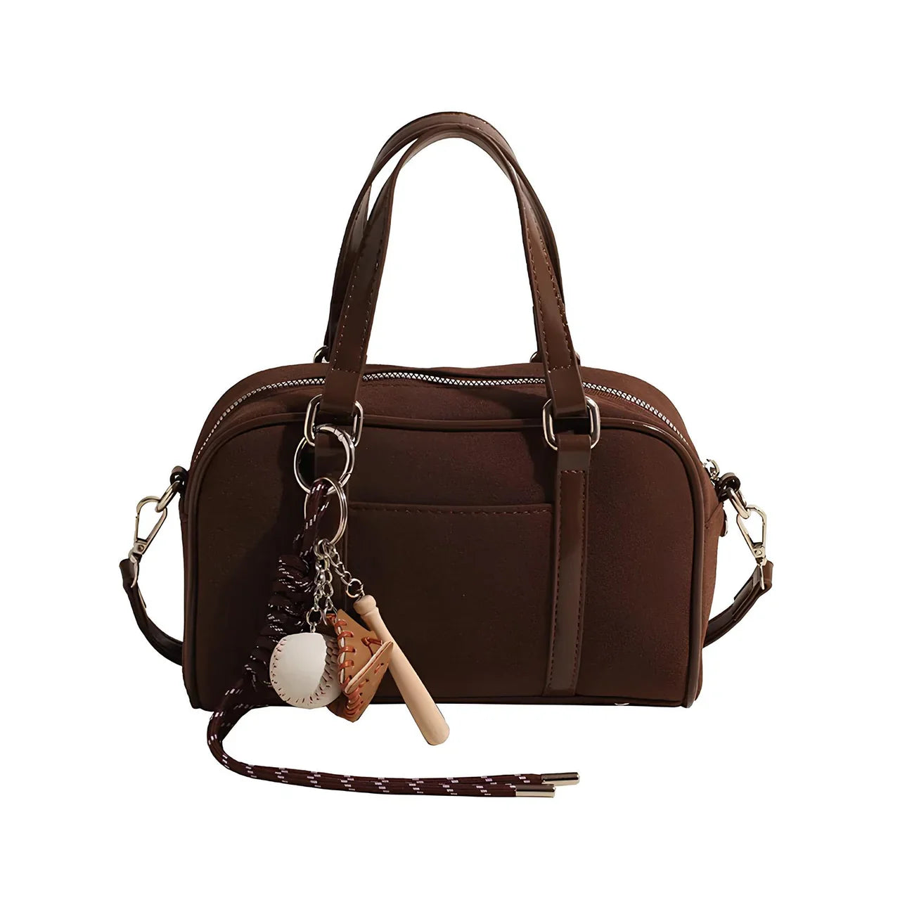 Sac bandoulière Alina en daim marron, chic et pratique, idéal pour transporter vos essentiels avec style.