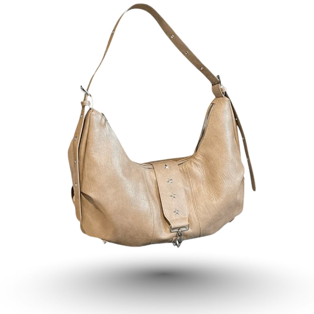 ANGE – Sac à main besace de cours en cuir beige chic et pratique.
