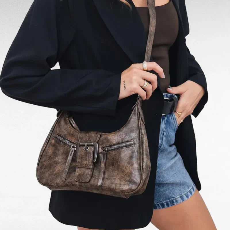 Sac AVELINA - Petit sac à main chic en cuir vintage café, style rétro, parfait pour transporter vos essentiels avec élégance