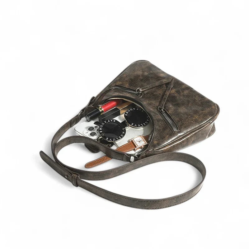 Sac AVELINA - Petit sac à main chic en cuir vintage café, style rétro, parfait pour transporter vos essentiels avec élégance