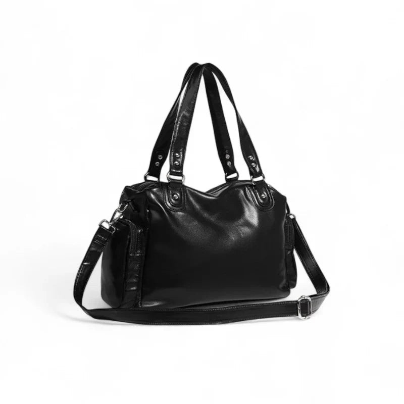 sac à main cuir rétro noir BIANCA avec multiples poches à fermetures éclair, élégant et pratique pour femme active