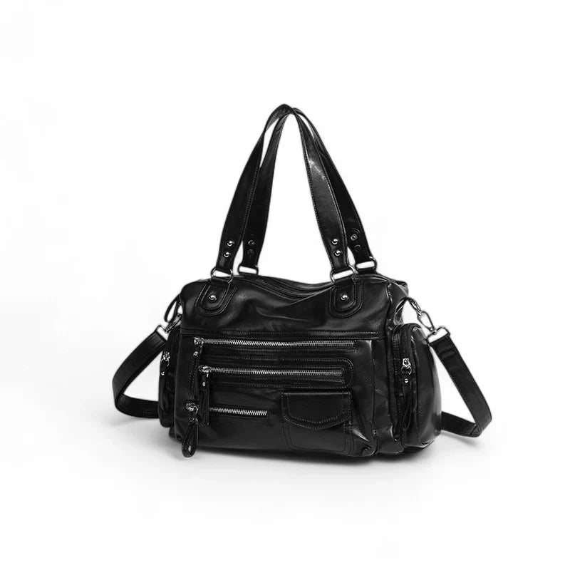 sac à main cuir rétro noir BIANCA avec multiples poches à fermetures éclair, élégant et pratique pour femme active