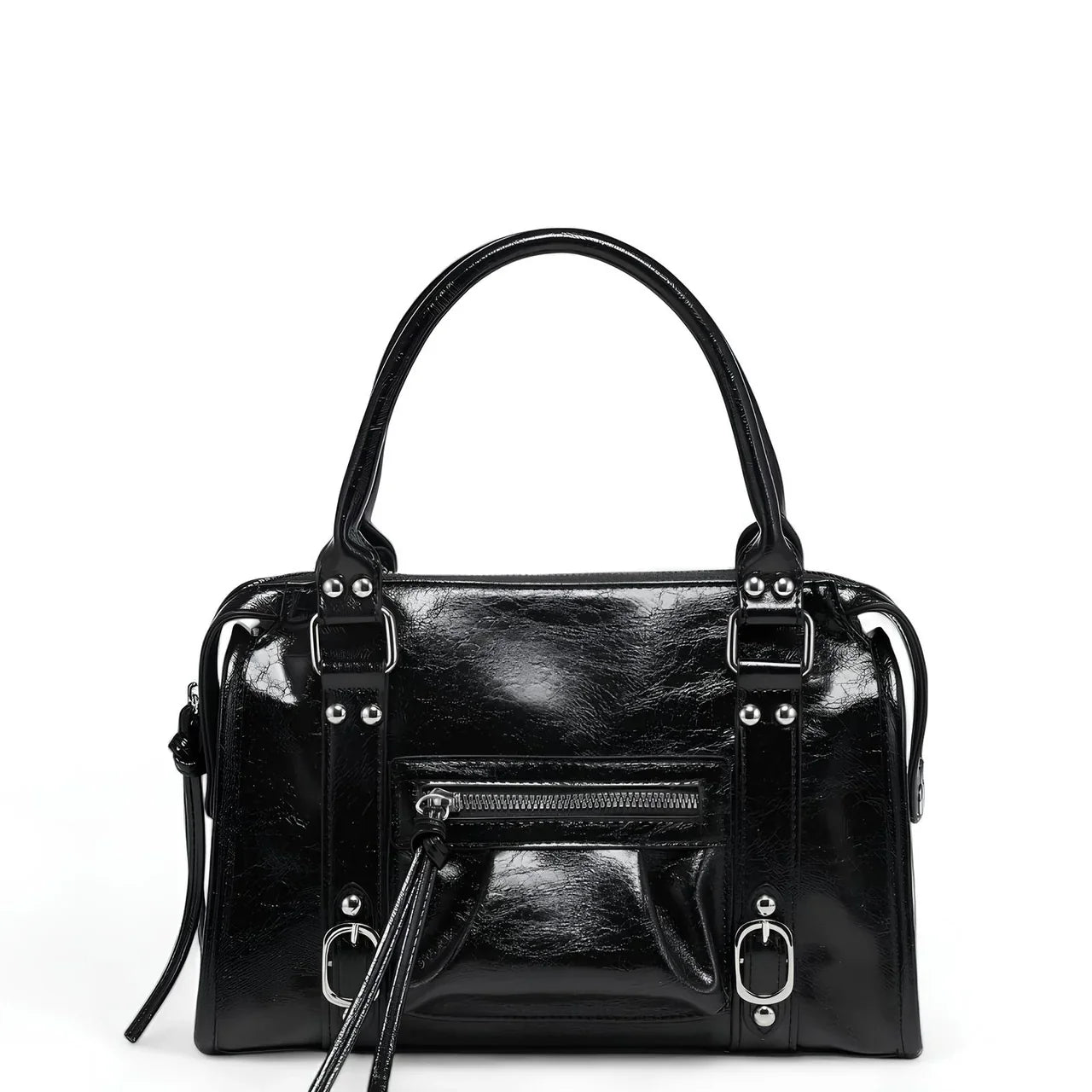 Sac à main CARLA en cuir noir effet brillant, avec détails métalliques, finitions soignées, anses solides, bandoulière réglable et grand compartiment zippé, parfait pour le travail et les sorties.