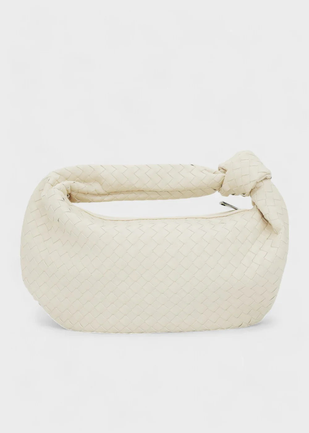 Sac cuir tressé demi lune blanc élégant pour femme, design chic et pratique, parfait pour un usage quotidien ou une sortie sophistiquée.