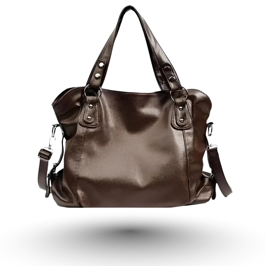 Élora – Sac à main de cours en cuir marron café de luxe, design raffiné et fonctionnel pour étudiantes et professionnelles.