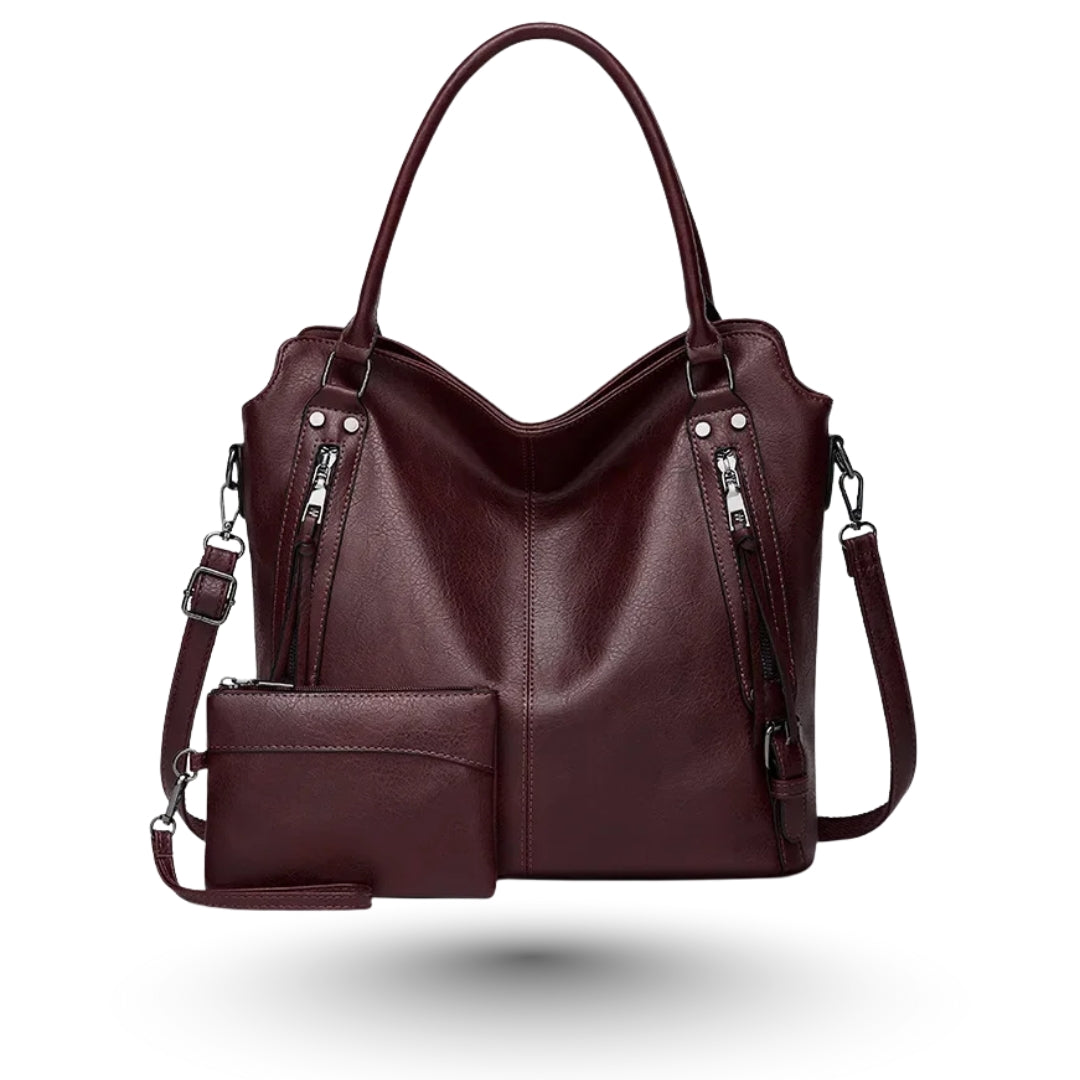 HELENA – Grand sac multipoches bordeaux avec pochette, pratique et élégant pour étudiantes.