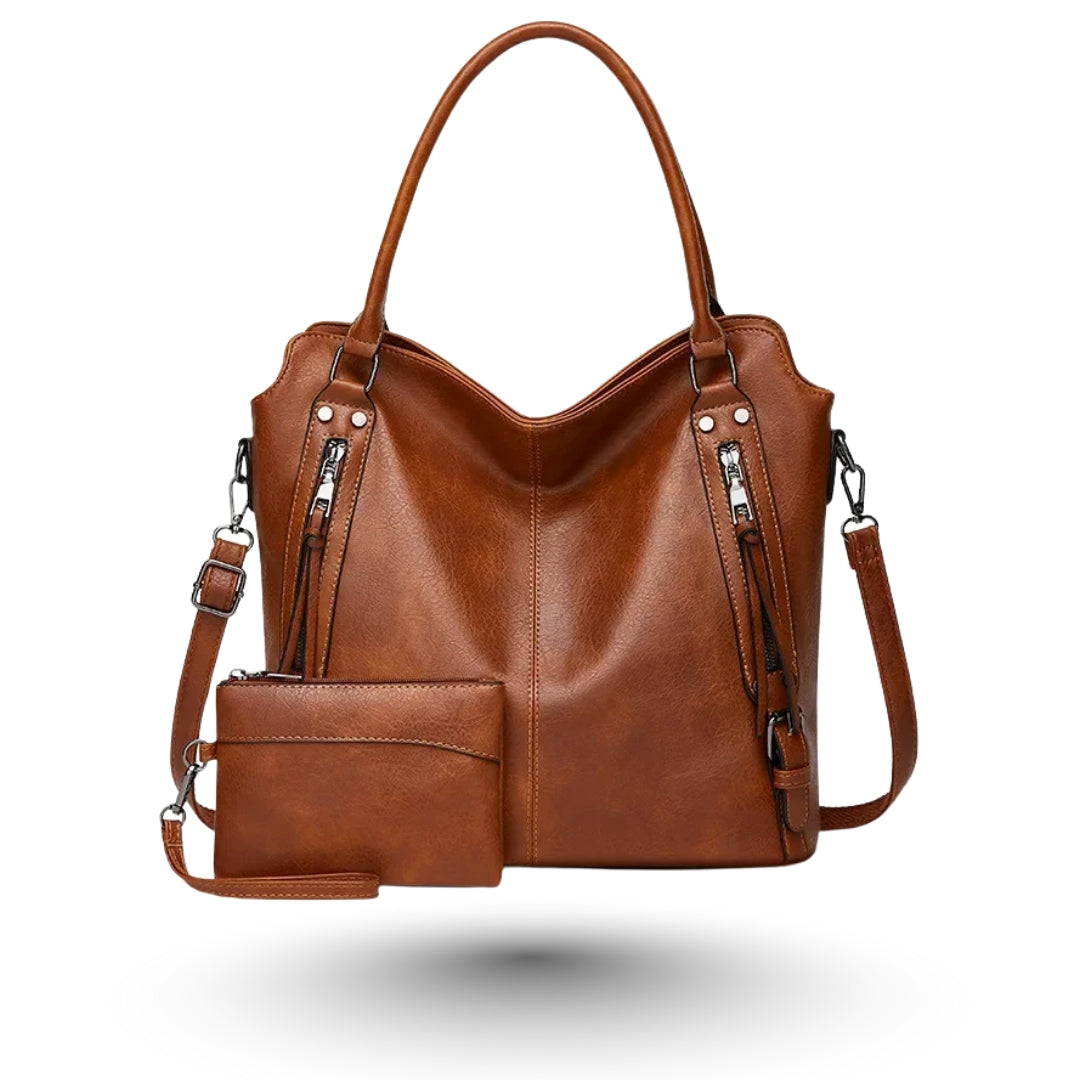HELENA – Grand sac multipoches marron avec pochette, pratique et élégant pour étudiantes.