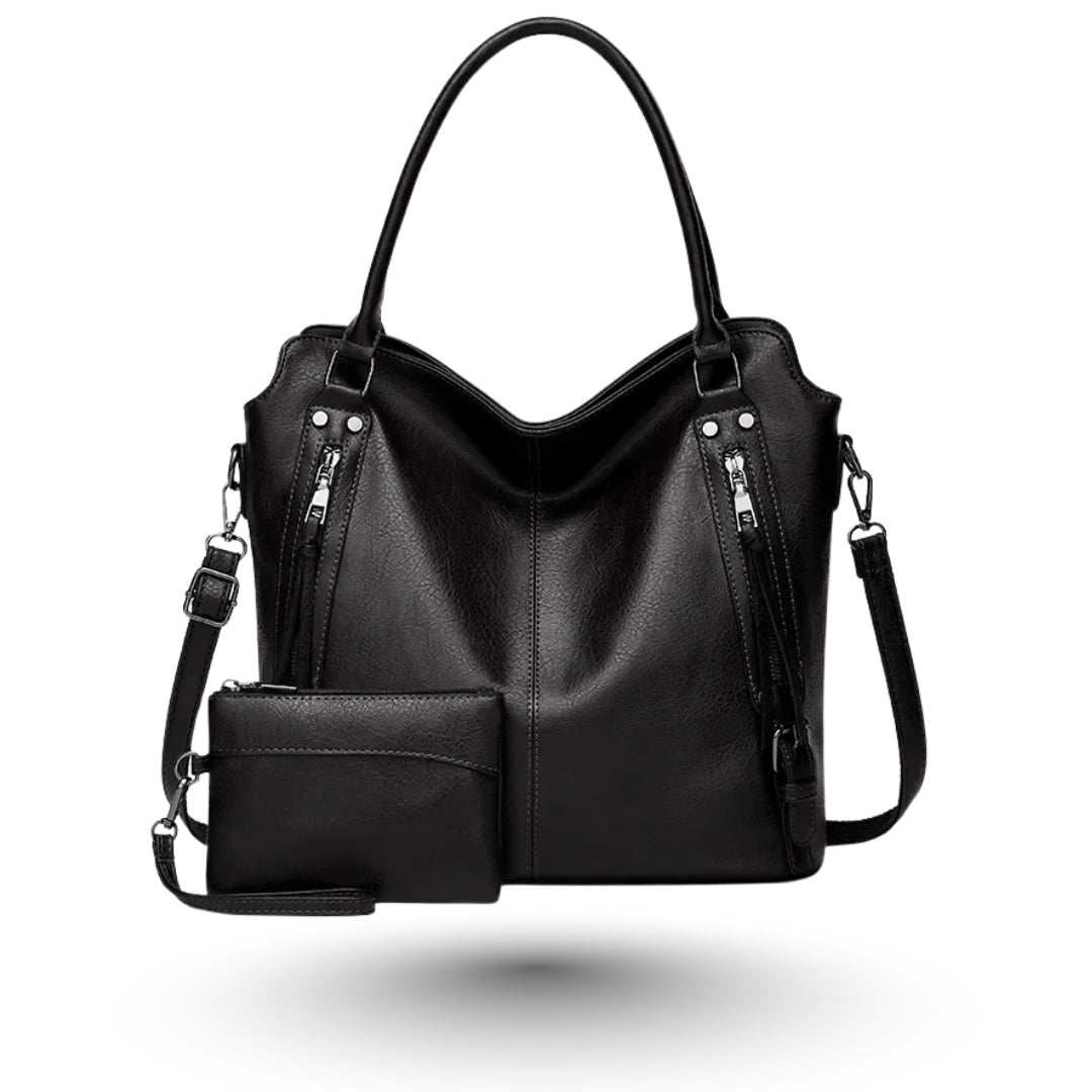 HELENA – Grand sac multipoches noir avec pochette, pratique et élégant pour étudiantes.