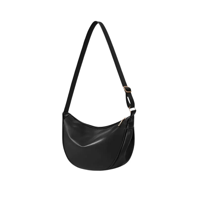 Sac à main ISABELLA bandoulière demi-lune en cuir lisse noir, compact et raffiné, idéal pour transporter vos essentiels avec style au quotidien