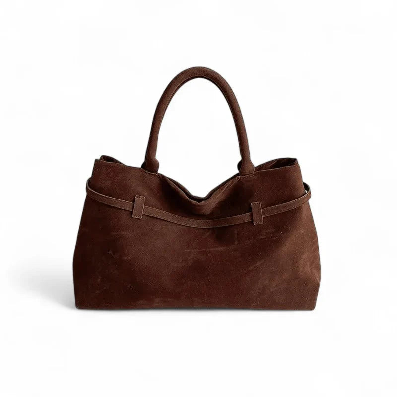 Sac à main KELLY en daim couleur café avec bandoulière, élégant et léger, parfait pour un style féminin et chic au quotidien, vue de dos