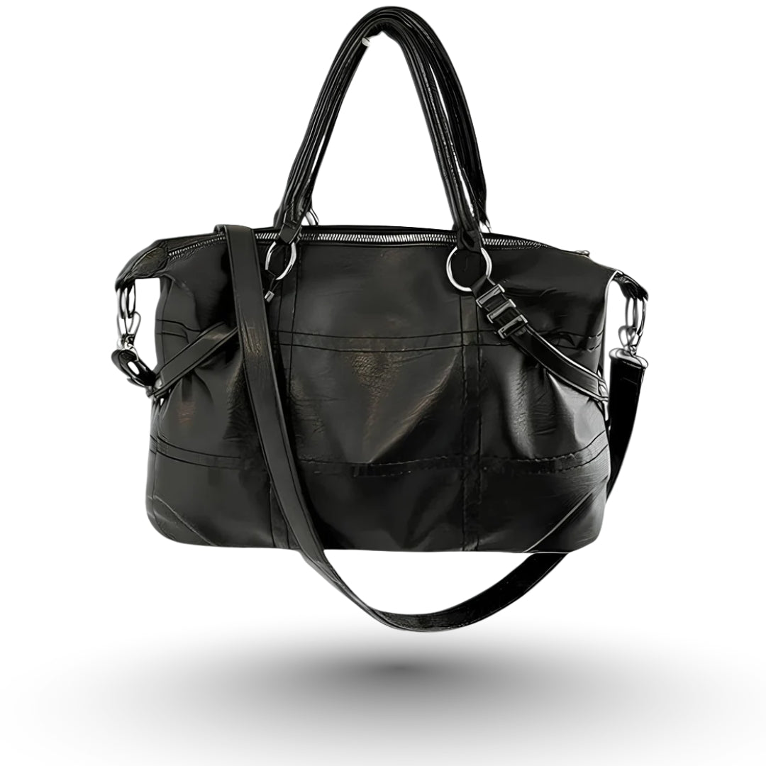 LUNA – Sac à main de cours vintage en cuir noir, spacieux et élégant, idéal pour transporter ordinateur et documents avec style.