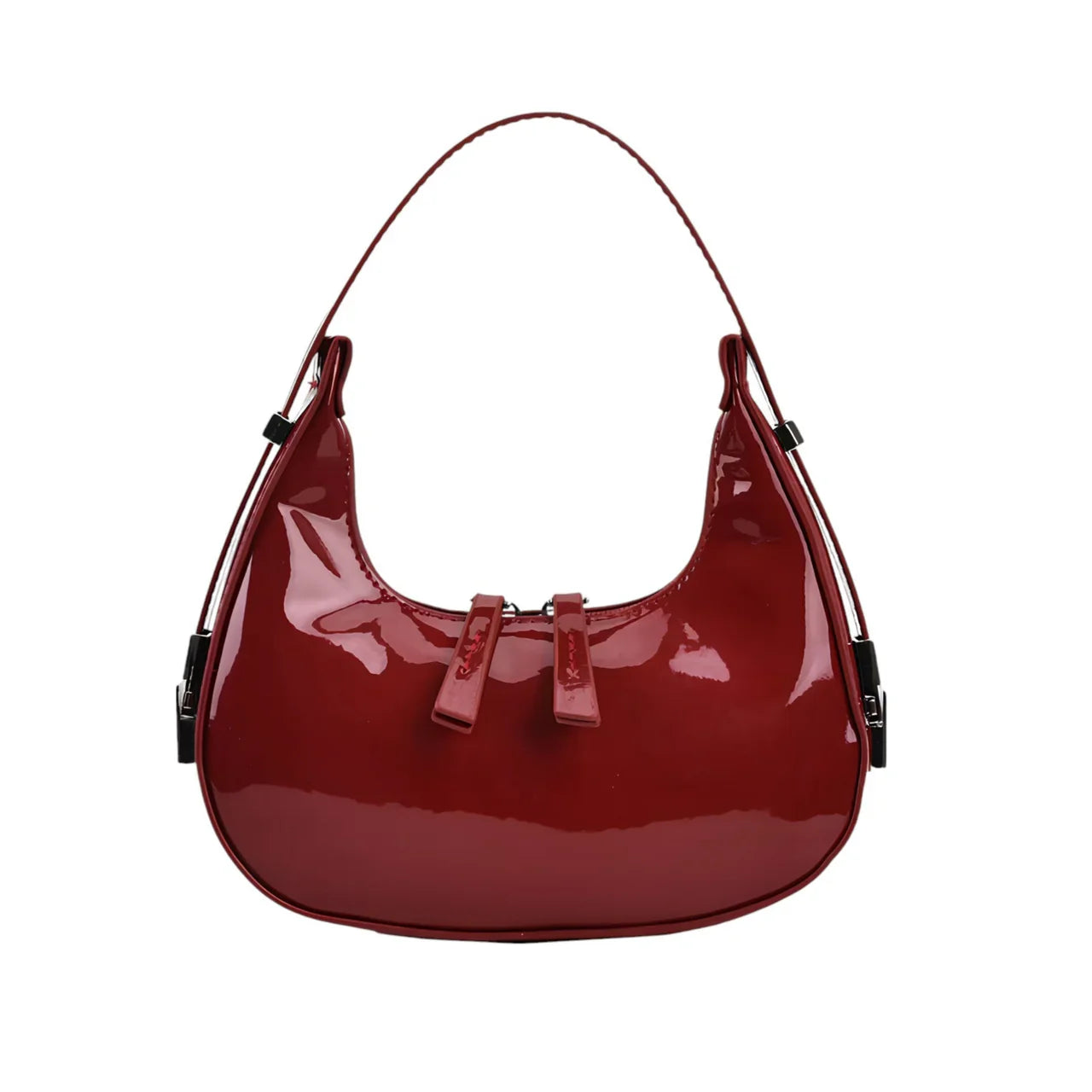 sac à main cuir vernis demi lune vintage rouge 