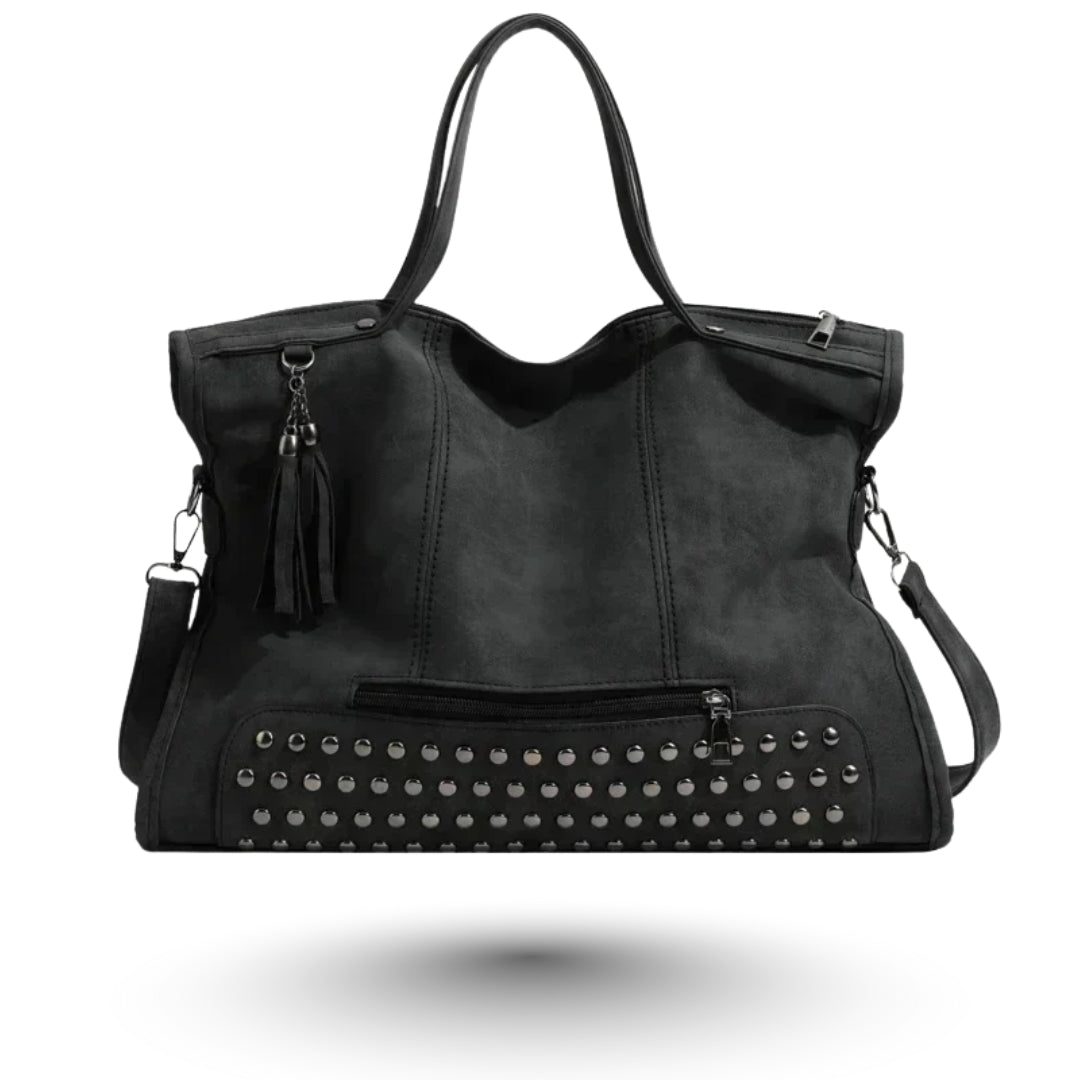 MAELIA – Sac à main de cours rétro à bandoulière élégant en cuir noir, spacieux et pratique pour transporter cahiers, ordinateur et essentiels avec style.