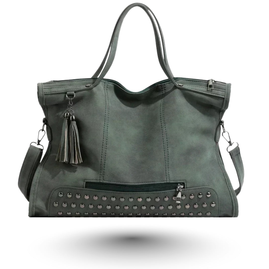 MAELIA – Sac à main de cours rétro à bandoulière élégant en cuir vert, spacieux et pratique pour transporter cahiers, ordinateur et essentiels avec style.