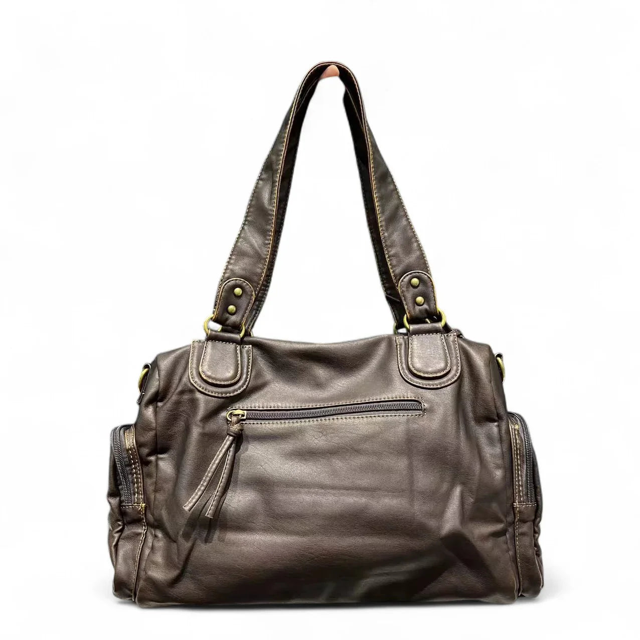 Sac à main MELANIA en cuir vintage marron avec multiples poches élégantes et format spacieux vue de dos