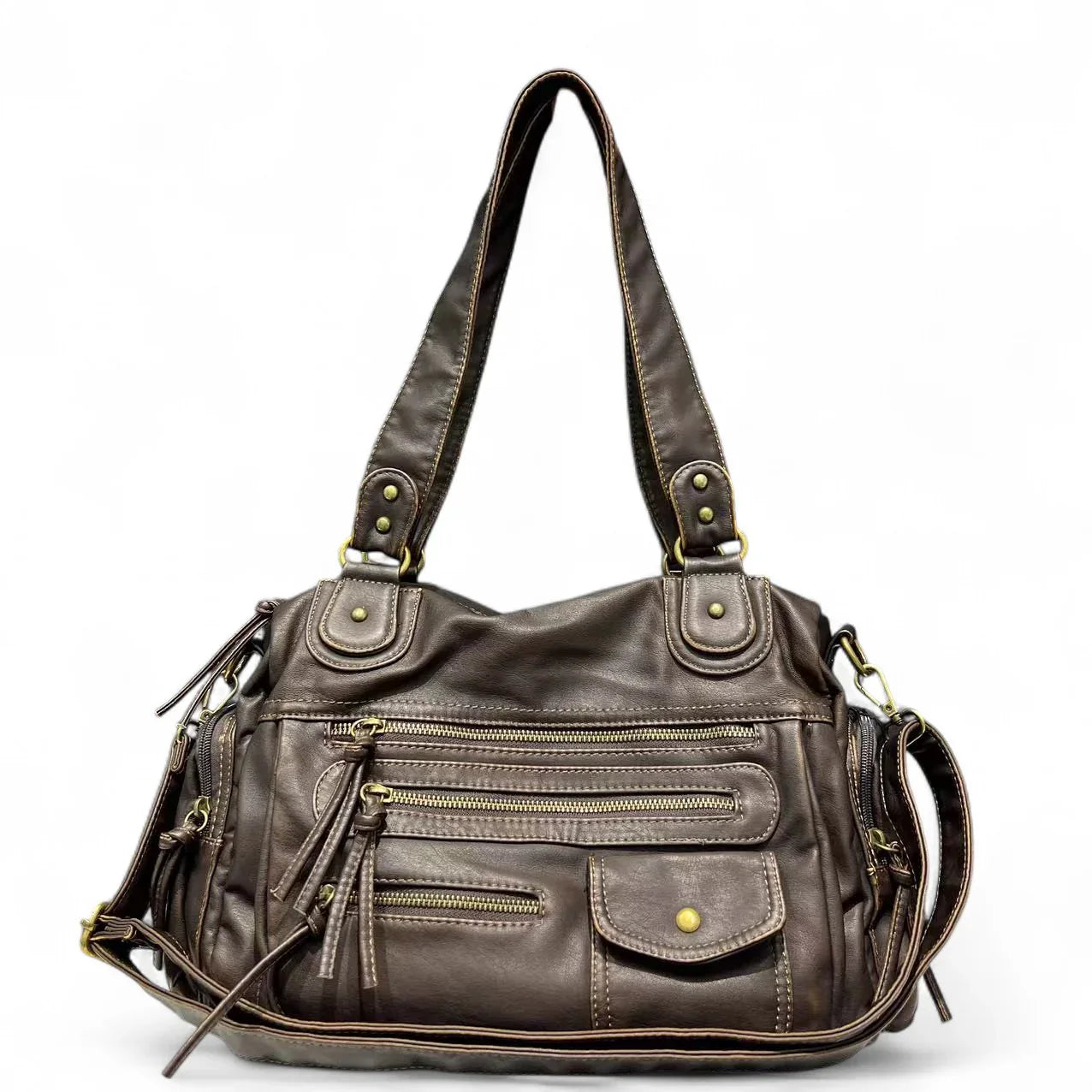 Sac à main MELANIA en cuir vintage marron avec multiples poches élégantes et format spacieux