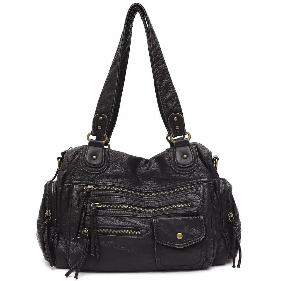 Sac à main MELANIA en cuir vintage noir avec multiples poches élégantes et format spacieux