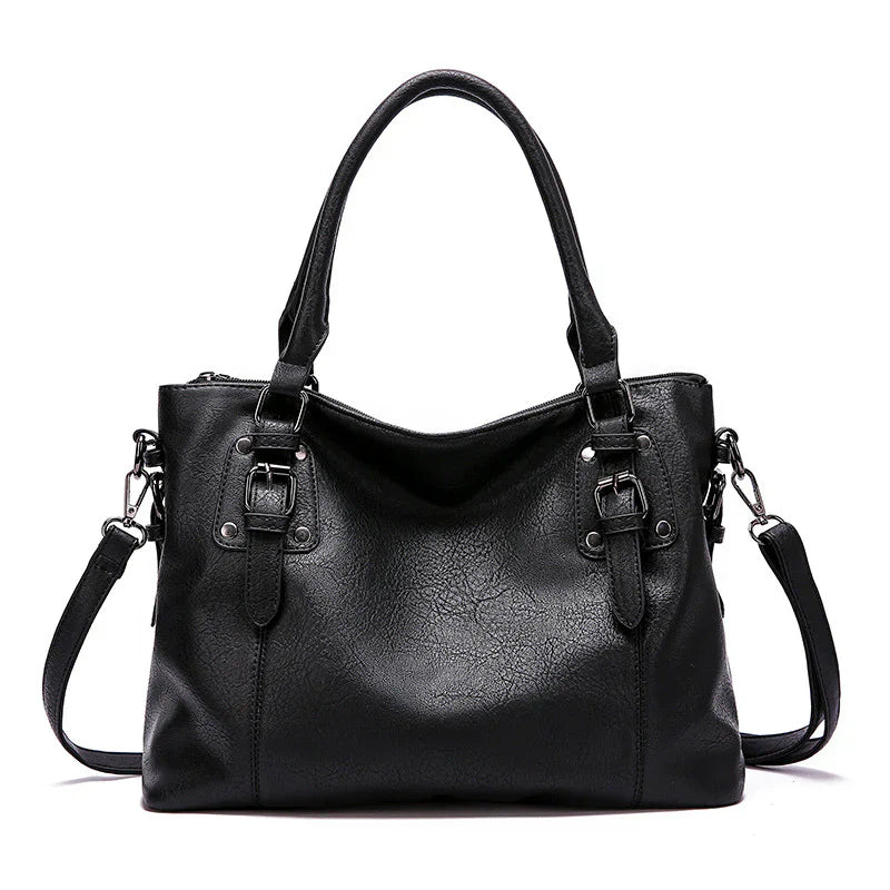 NOELA – Sac à main vintage en cuir souple noir, grande capacité avec bandoulière, parfait pour un style élégant et pratique.