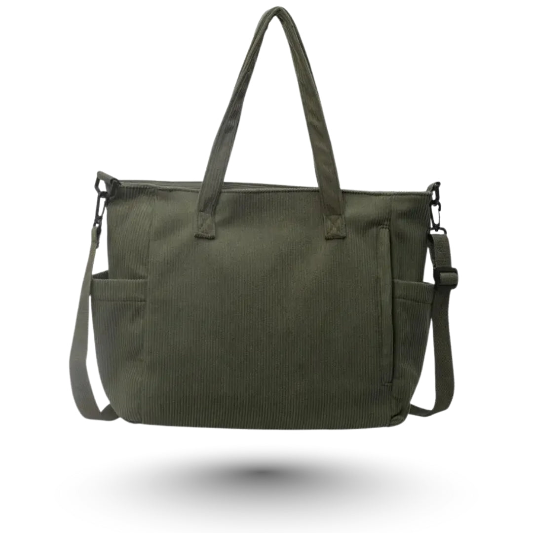 SORAYA – Grand sac en velours côtelé kaki spacieux et élégant pour vos cours et sorties