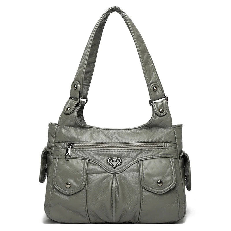 Grand sac à main femme VICTOIRE en cuir  gris élégant et structuré, spacieux et organisé, parfait pour transporter ordinateur, cahiers et essentiels avec style et praticité.