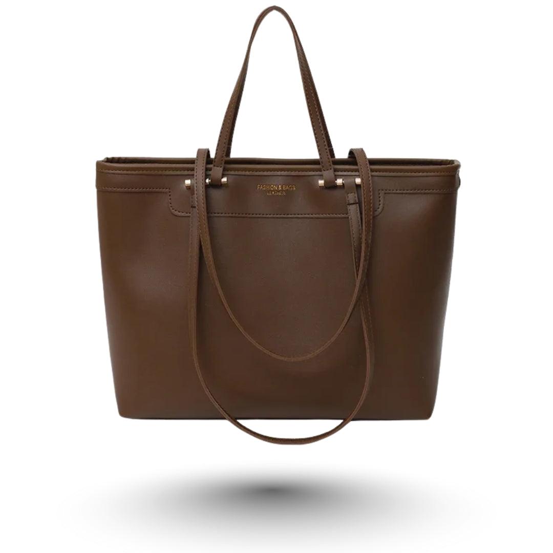 ZOE – Grand sac à main en cuir café, chic et spacieux, idéal pour étudiantes et actives.